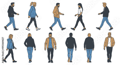Diverse Set of Young Men and Women Walking in Various Views, Colorful Illustration on Isolated White Background.