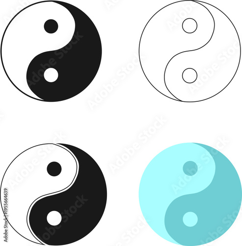 Yin Yang symbol set, ancient Chinese philosophy concept of balance, harmony, dualism, black and blue vector.