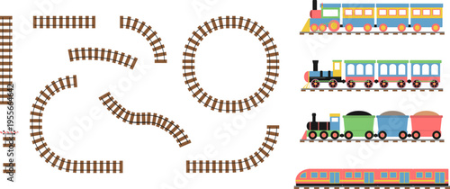 Toy train set with railway tracks, locomotive, wagons, passenger and cargo transport, cartoon vector illustration.