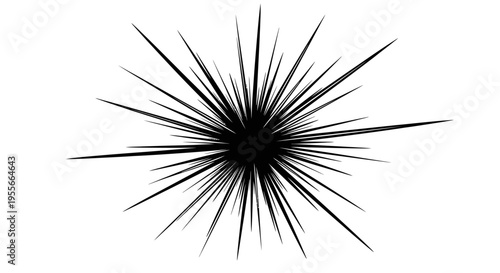 Black Starburst Explosion with Sharp Radial Lines, Isolated White Background.