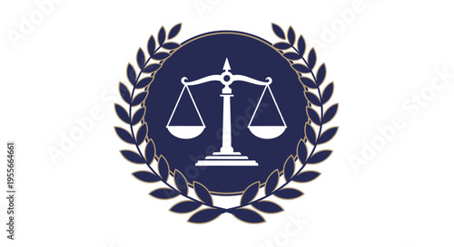 Golden scales of justice symbol within a dark blue circle and laurel wreath, on a white background.