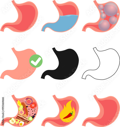 Stomach health icons set, human digestive system anatomy, gastritis, acidity, bloating, healthy and unhealthy food.