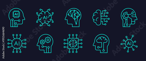 AI Agents automated brain driven icon set for autonomous artificial intelligence concept. Cognitive ai semiconductor chips assistant robot icons include humanoid future tech, data analyzing algorithm.