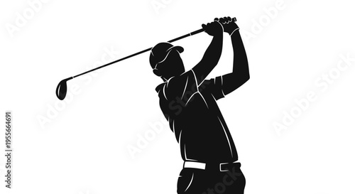 Male golfer swinging a golf club, preparing to hit the ball, isolated white background.