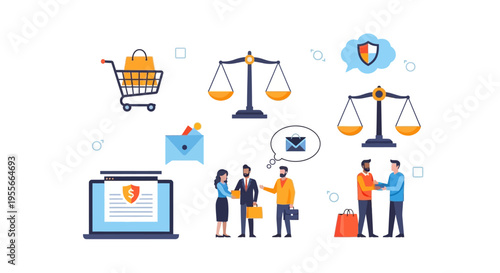 Business Law, Consumer Protection, and E-commerce Legal Concepts. Partnership, Contracts, Online Security, and Justice System in Modern Transactions.