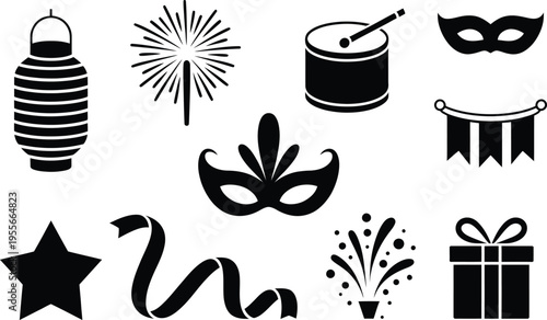 Celebration Icons Silhouette: Masquerade Masks, Lantern, Fireworks, Drum, Gift Box, Star, Ribbon, Masquerade Mask