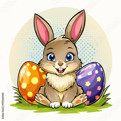 Niedlicher Osterhase mit bunten Ostereiern im Frühlingsstil