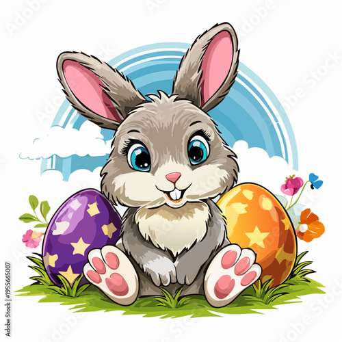 Niedlicher Osterhase mit bunten Ostereiern im Frühlingsstil