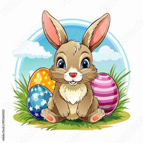 Niedlicher Osterhase mit bunten Ostereiern im Frühlingsstil