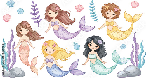 Cute mermaid characters set with colorful tails seashells sea plants and underwater elements fantasy cartoon vector illustration collection