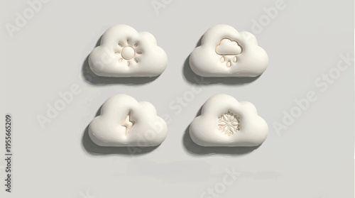Set of four minimalist cloud-shaped icons depicting various weather conditions sunny, rainy, stormy, and snowy forecasts for easy visual communication