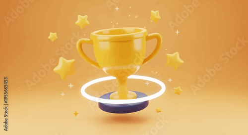 Golden trophy with glowing stars on a pedestal, representing achievement and victory, against a vibrant orange background