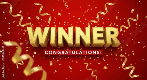 WINNER CONGRATULATIONS! Golden Text on a Red Background with Falling Confetti and Ribbons