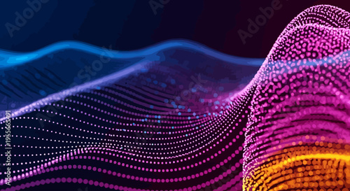 Abstract wave of glowing dots with purple, pink, and blue light, creating a futuristic digital landscape
