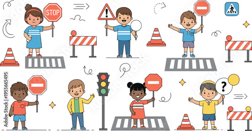 Children learning road safety vector illustration with kids holding stop signs traffic lights cones and pedestrian crossing education elements
