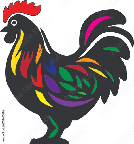 Isolated red and black rooster vector illustration featuring a cartoon cockerel bird with detailed feathers and a sharp beak, perfect for farm animal poultry icons on a white background