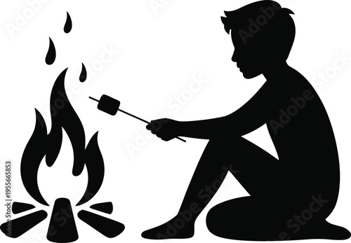 Silhouette of a person roasting marshmallow over a campfire, enjoying a warm outdoor activity, camping, leisure time