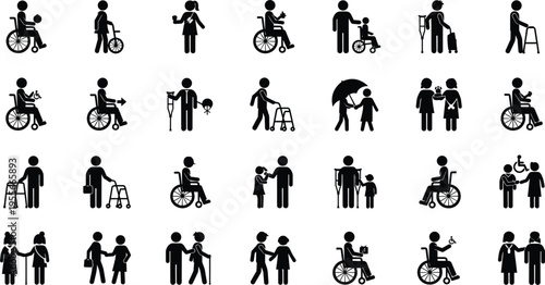 Disability icons silhouettes wheelchair crutches cane accessibility support healthcare people inclusive lifestyle black shadow vector illustration set