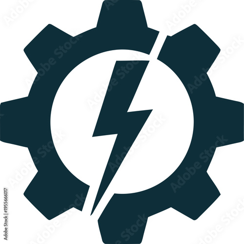 Gear mechanism icon combined with a sharp lightning bolt represents industrial power generation, mechanical energy, and system uptime.