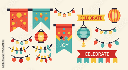 Vibrant festive decorations hang for celebration at outdoor party event