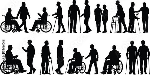 Disabled people silhouettes wheelchair crutches cane walking support mobility accessibility healthcare lifestyle black shadow vector illustration set