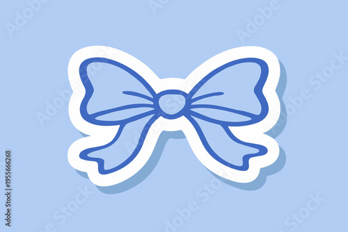 Blue ribbon bow illustration on pastel background, simple decorative clipart element with outline, cute minimal design for cards and stickers