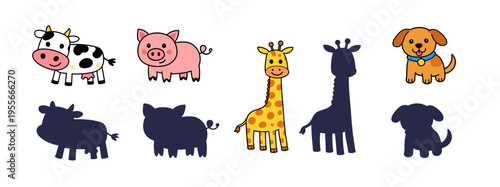 Cute farm animals set with silhouettes, cartoon cow pig giraffe and dog, simple illustration collection for kids design and playful graphics