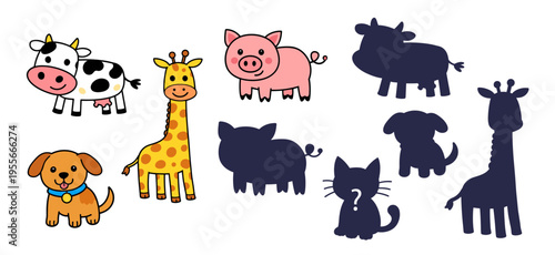 Cute cartoon farm animals illustration with colorful characters and silhouettes, simple children style drawing of cow pig giraffe dog and others, game