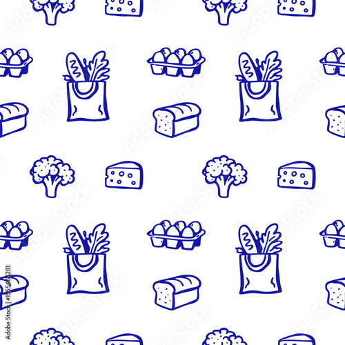 Seamless pattern with grocery items and vegetables, line art food illustration, minimal blue outline design for packaging textile and wallpaper