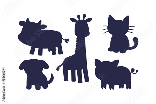 Animal silhouettes set with cow giraffe cat and pig, simple black shapes collection, minimal illustration for kids learning and design use