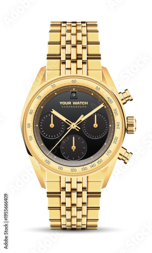 Realistic watch clock chronograph gold black dashboard design luxury fashion object for men on white background vector