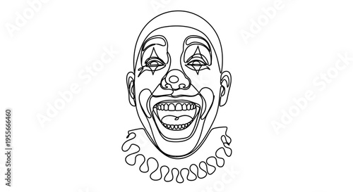 Joyful Clown Face Line Art - Black and White, Minimalist Drawing