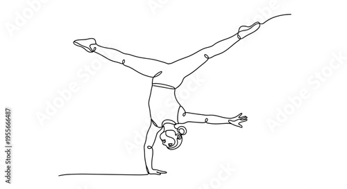 Continuous line drawing of a flexible gymnast performing a handstand split.