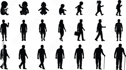 Human life stages silhouettes baby child walking adult business people aging senior timeline evolution black shadow vector illustration set