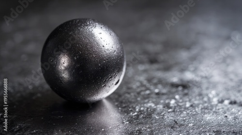 Single droplet of mercury solidifying into a sphere on dark metal. STEM education sheets, lab safety posters, designed for STEM education and laboratory safety posters.