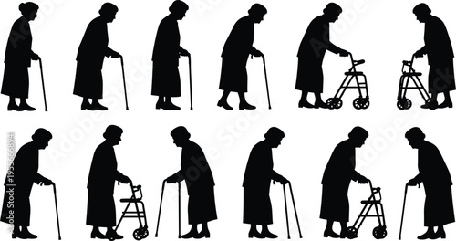 Elderly walking silhouettes senior people with cane and walker aging mobility support old age lifestyle black shadow vector illustration set