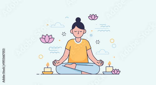 Woman meditates peacefully outdoors with candles and lotus flowers nearby.
