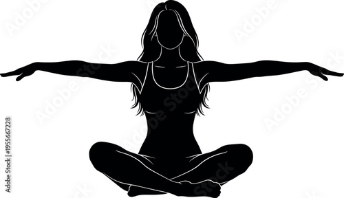 Black and White Silhouette of a Woman Practicing Yoga or Meditation in a Lotus Pose with Arms Outstretched for Wellness
