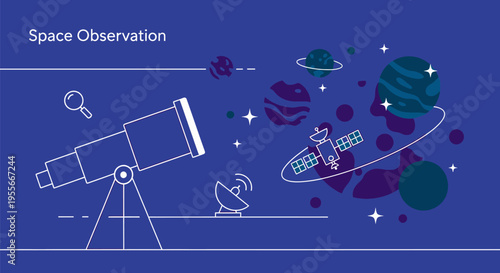 Astronomers observe planets and a spacecraft near a telescope in space.
