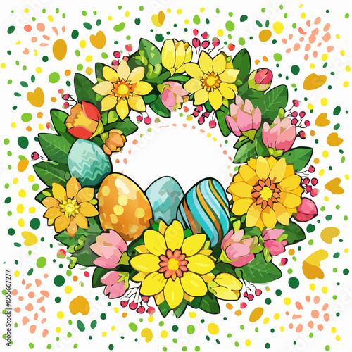 Frühlingshafter Blumenkranz mit dekorierten Ostereiern