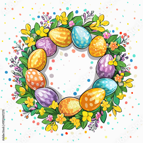 Frühlingshafter Blumenkranz mit dekorierten Ostereiern