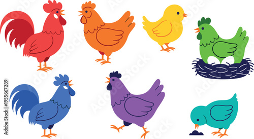 Colorful chicken and rooster vector illustration set farm poultry birds collection cute cartoon hens isolated design