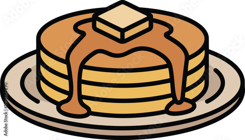 Close-up illustration of golden pancakes, topped with melting butter and cascading syrup, served on a plate, Comfort Food