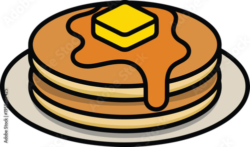 Stack of delicious golden pancakes with dripping syrup and a square of butter on a white plate, breakfast food illustration, Comfort Food