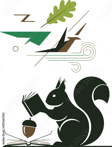 A cartoon squirrel collecting an acorn with abstract elements