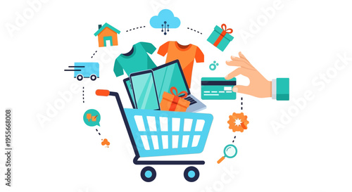 E-commerce Online Shopping Concept. Digital Retail Ecosystem with Payment, Delivery, and Cloud Services.