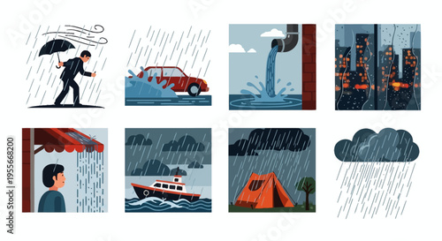 Rainy Weather Illustration Set Featuring Stormy Urban Scenes, Driving in Heavy Rain, Umbrella, Boat in Rough Sea, and Camping in the Rain