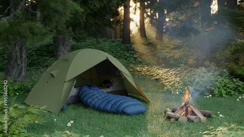 Camping in forest with tent, sleeping bag, and campfire