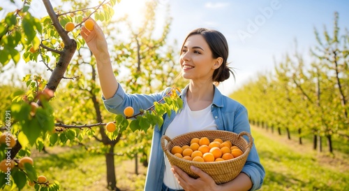 A happy smiling young woman wears a denim shirt while harvesting fresh organic ripe orange apricots into a woven basket from a tree in a sunny green agricultural orchard.