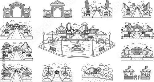 Travel and outdoor adventure icon set featuring camping gear luggage airplanes maps and hiking equipment flat vector illustration collection